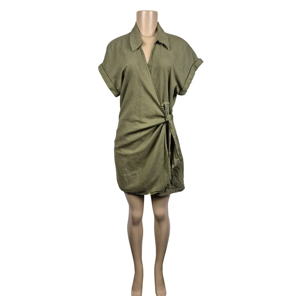 Zara‎ Olive Green Linen Cotton Blend Wrap Front Romper Short Sleeve Size M